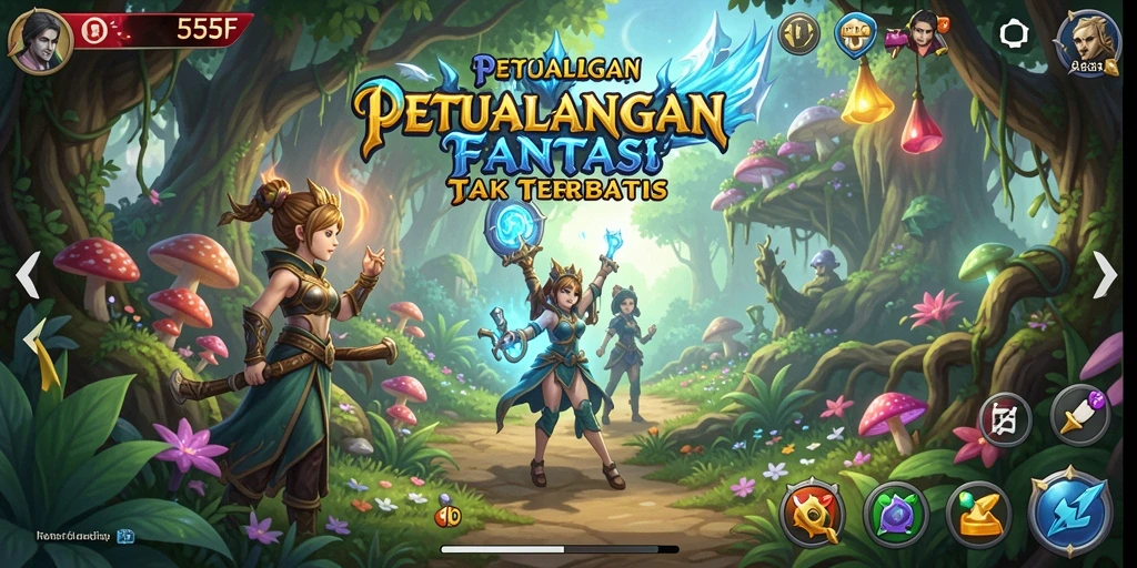 Screenshot gameplay RPG 555F dengan pertarungan epik dan karakter menarik.