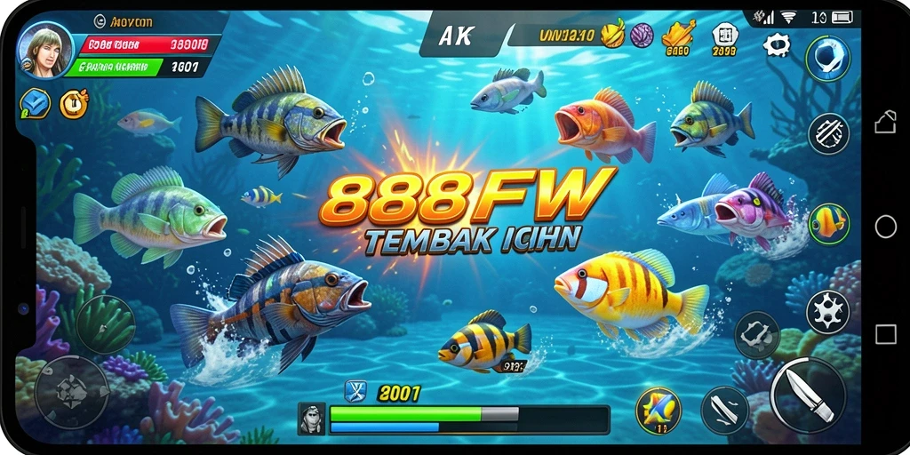 Tampilan gameplay seru dalam 888FW, menembak berbagai jenis ikan.