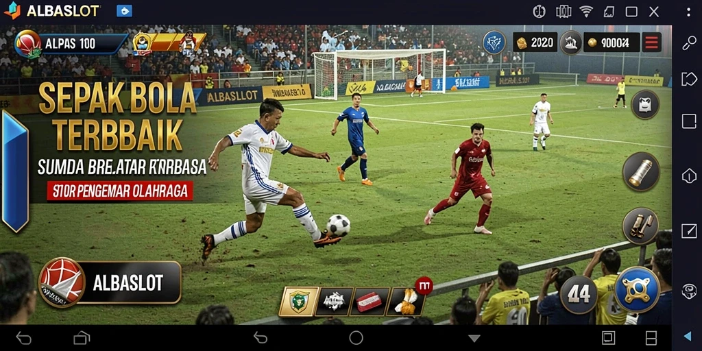 Screenshot utama ALBASLOT menampilkan aksi seru di lapangan sepak bola.