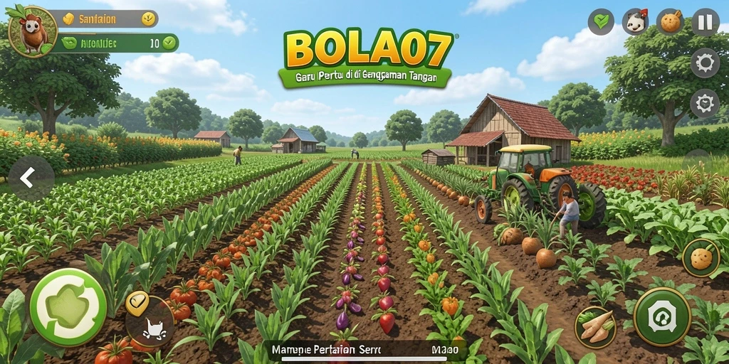 Tampilan menarik dari gameplay BOLA07 yang menunjukkan kebun yang subur.