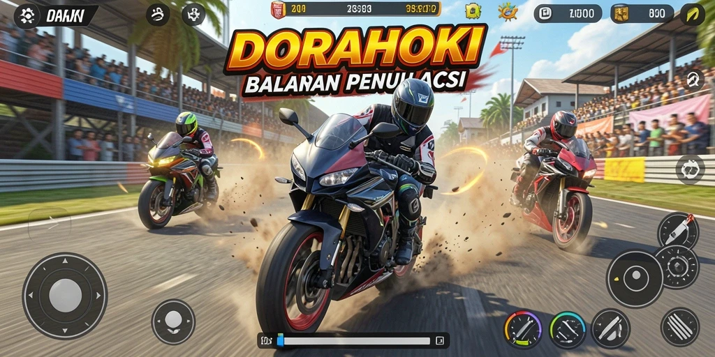 Gameplay seru DORAHOKI saat balapan motor di trek penuh tantangan.