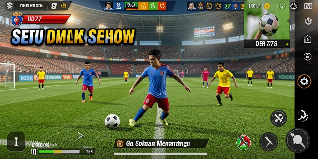 Tangkapan layar permainan IDR77 menampilkan aksi pertandingan sepak bola yang intens.