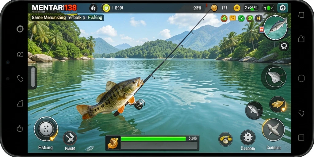 Gameplay seru dalam MENTARI138 saat memancing di tepi laut.