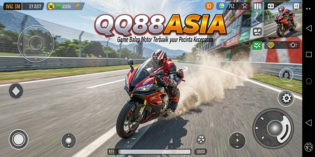 Tampilan gameplay menegangkan dari QQ88ASIA saat balapan motor.