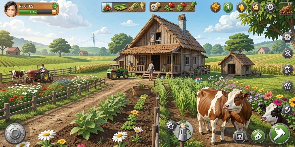 Tampilan gameplay RP6789 dengan kebun yang subur dan tanaman berwarna-warni.