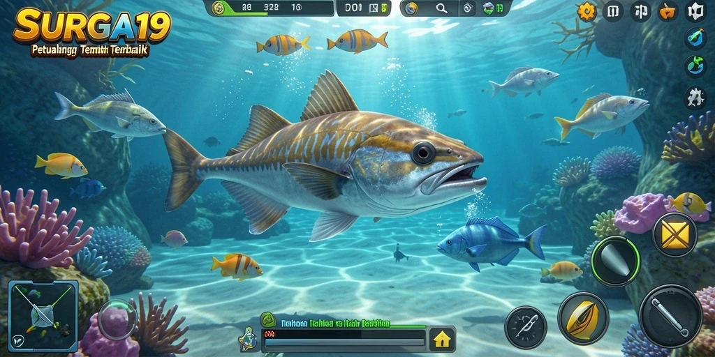 Screenshot gameplay SURGA19 menampilkan aksi seru menangkap ikan.